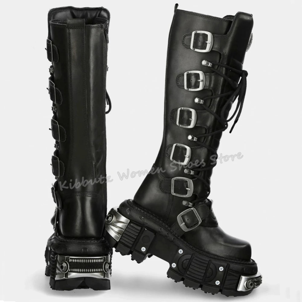 Rock Punk Motorcycle Boots Knee High Dark Style Round Toe Thick Bottom Genuine Leather Solid Color Fashion Sexy Women Shoes New