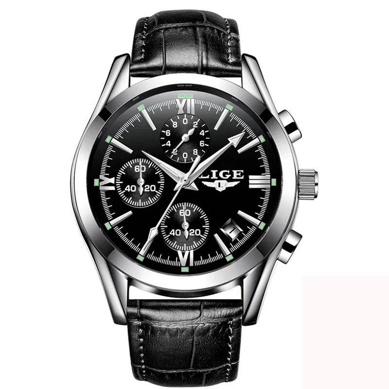 LIGE Fashion Men Watches Top Brand Luxury Military Quartz Watch for Men Business Leather Waterproof Casual Sport Chronograph New