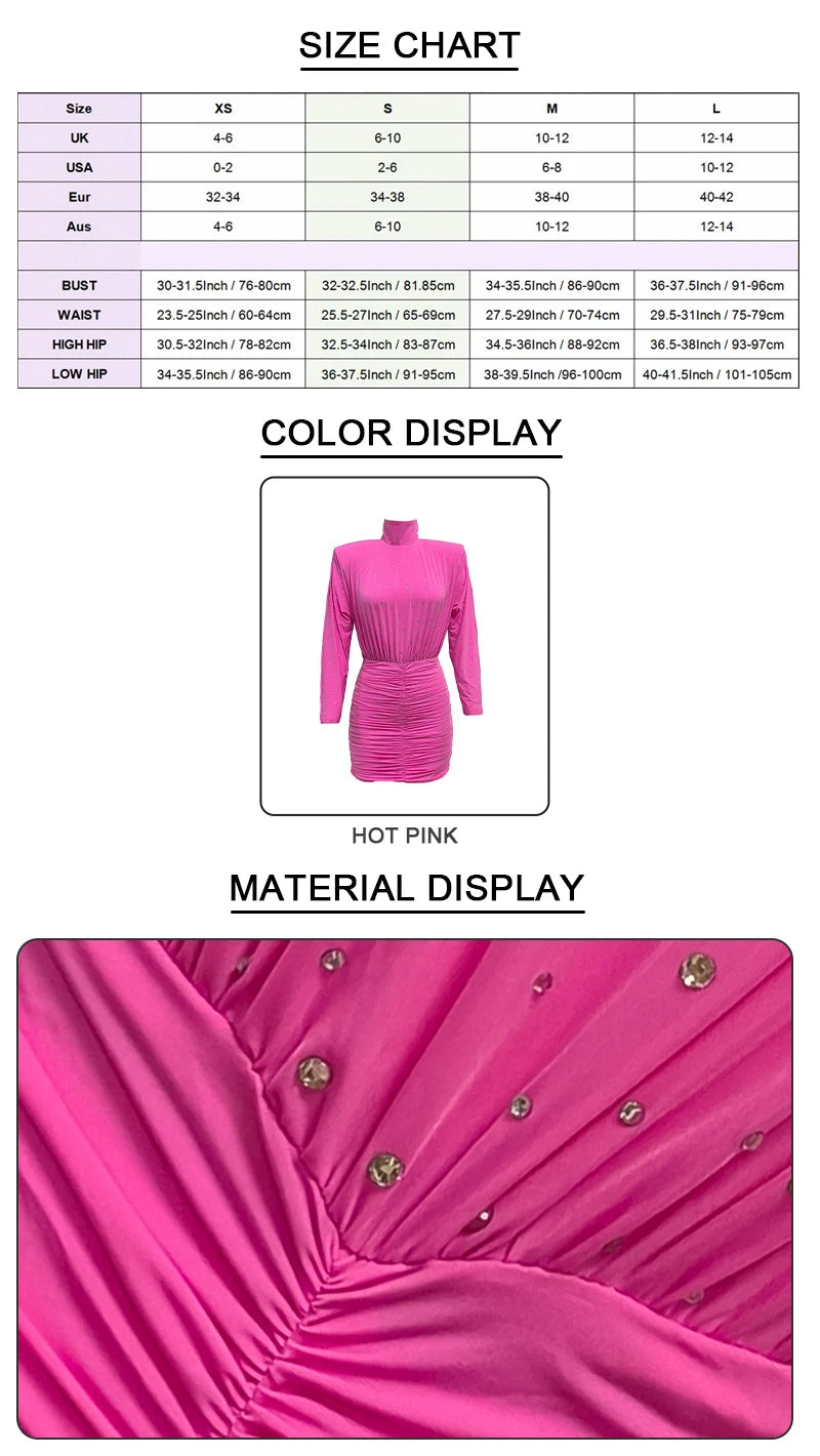 VC Chic Hot Pink High Neck Long Sleeve Mini Dress with Sparkling Rhinestone Embellishments and Ruched Detailing