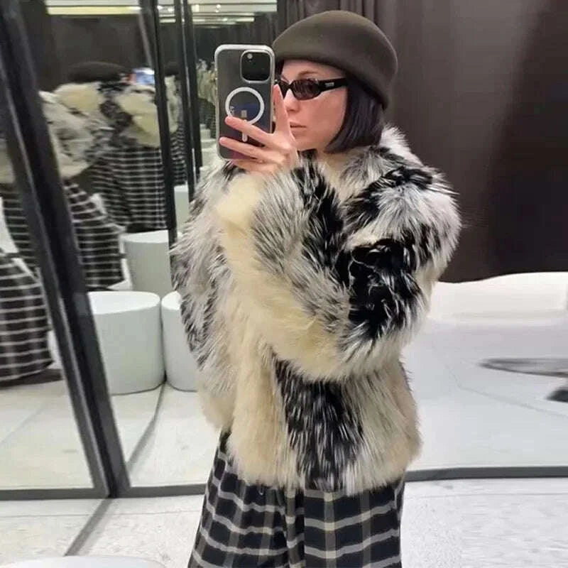 KIMLUD, Stylish Contrast Faux Fur Women Coat Elegant O-neck Single Breasted Full Sleeve Female Coats 2025 Winter Chic Lady Jacket, KIMLUD Womens Clothes