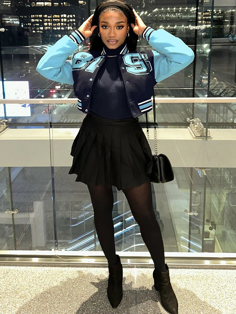 Nibber Sporty Jacket Woman Contrast Patchwork Baseball Autumn Trend Letter Print Single-Breasted Full Sleeve Casual Style Coats