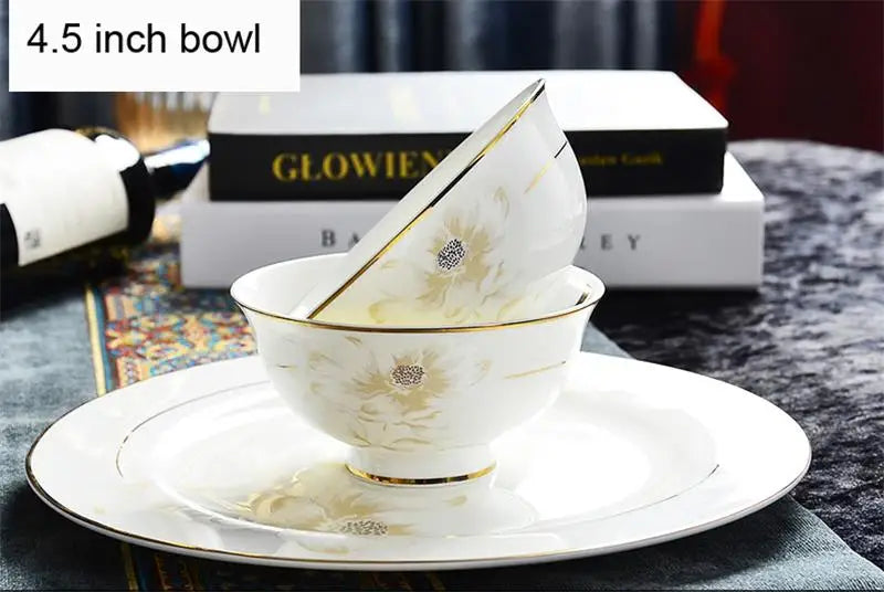 Bone China Dinnerware Set 46-Piece Gold Rim — Ivory White | KIMLUD
