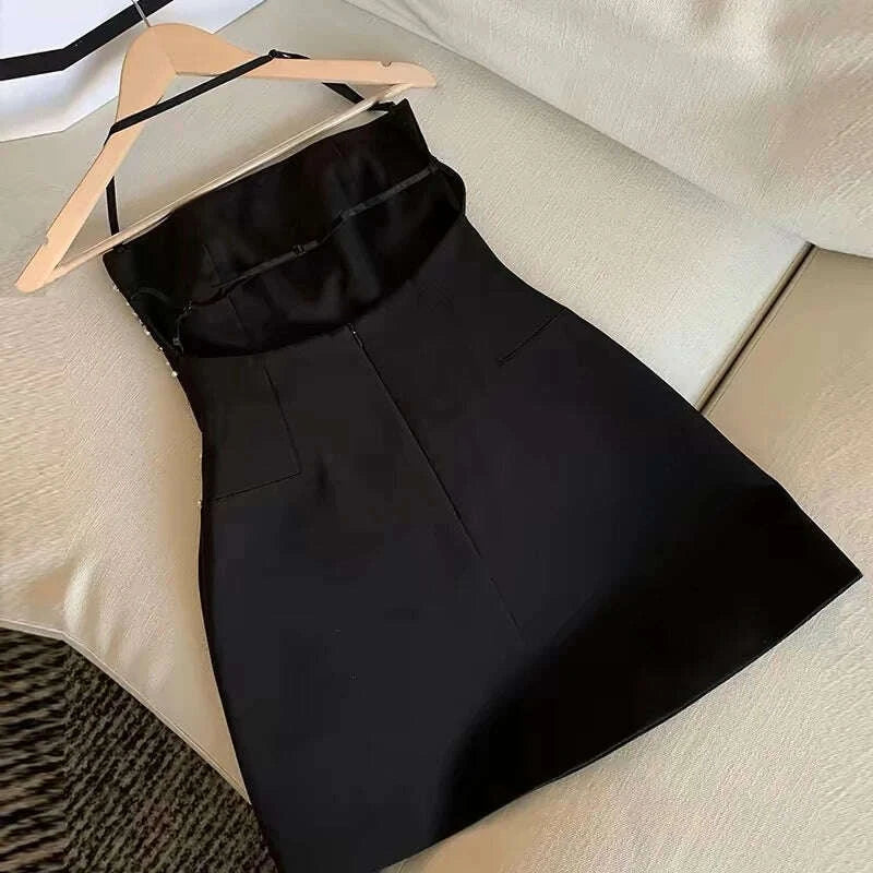 KIMLUD, Spring Women Sleeveless Slash Neck Mini Dress New Luxury Diamonds Chest Wrapping Dresses Summer High Waist Backless A-line Dress, KIMLUD Womens Clothes