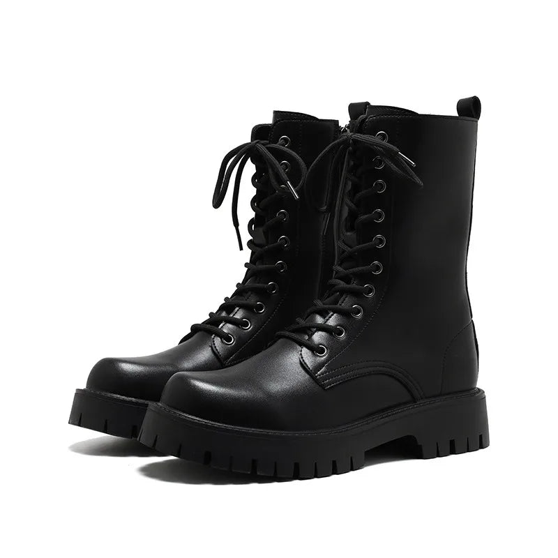 2025New Men's High-top Boots Punk Style Motorcycle Boots Classic Black Casual Leather Boot Lace Up Mid-Calf Platform Boots Botas