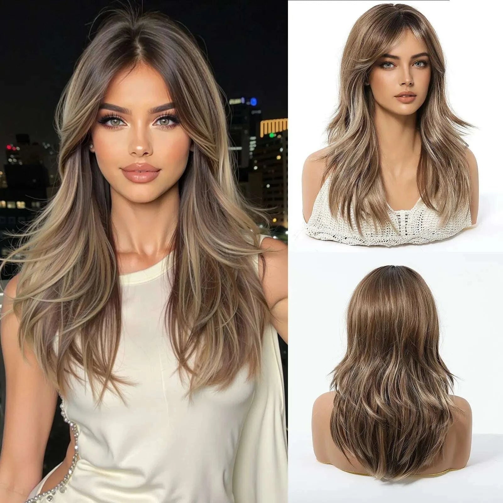 KIMLUD, Golden Blonde Mixed Synthetic Wig Dark Root Wavy Hair With Side Bangs for Women Daily Party Cosplay wig Heat Resistant Fiber, KIMLUD Womens Clothes