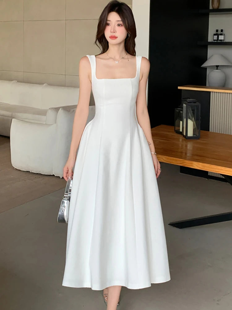 Square-Collar Bodycon Midi Dress Long — White | KIMLUD