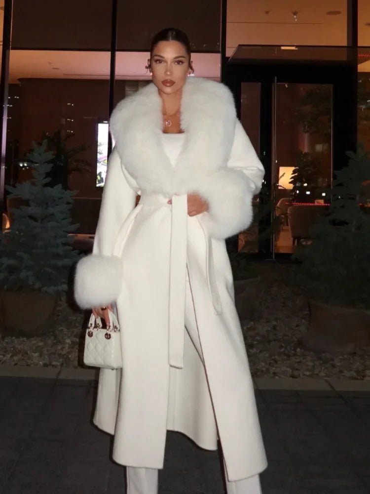 Elegant Fur Patchwork Woolen Coat Women Chic Full Sleeve V-neck Lace Up Loose Long Overcoat 2025 Lady Winter Commute Outwear