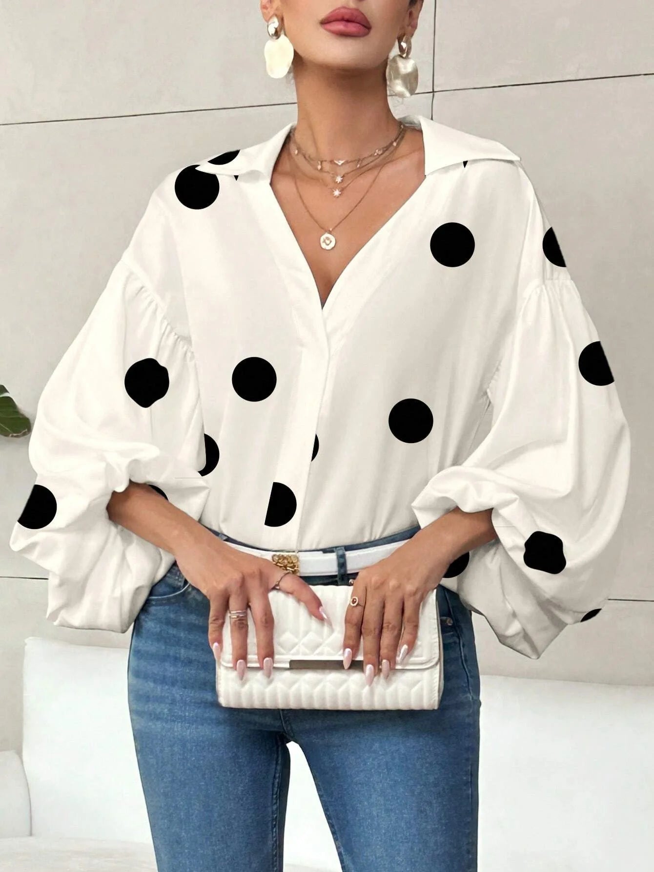Boho Puff Sleeve Polka Dot Blouse — White | KIMLUD