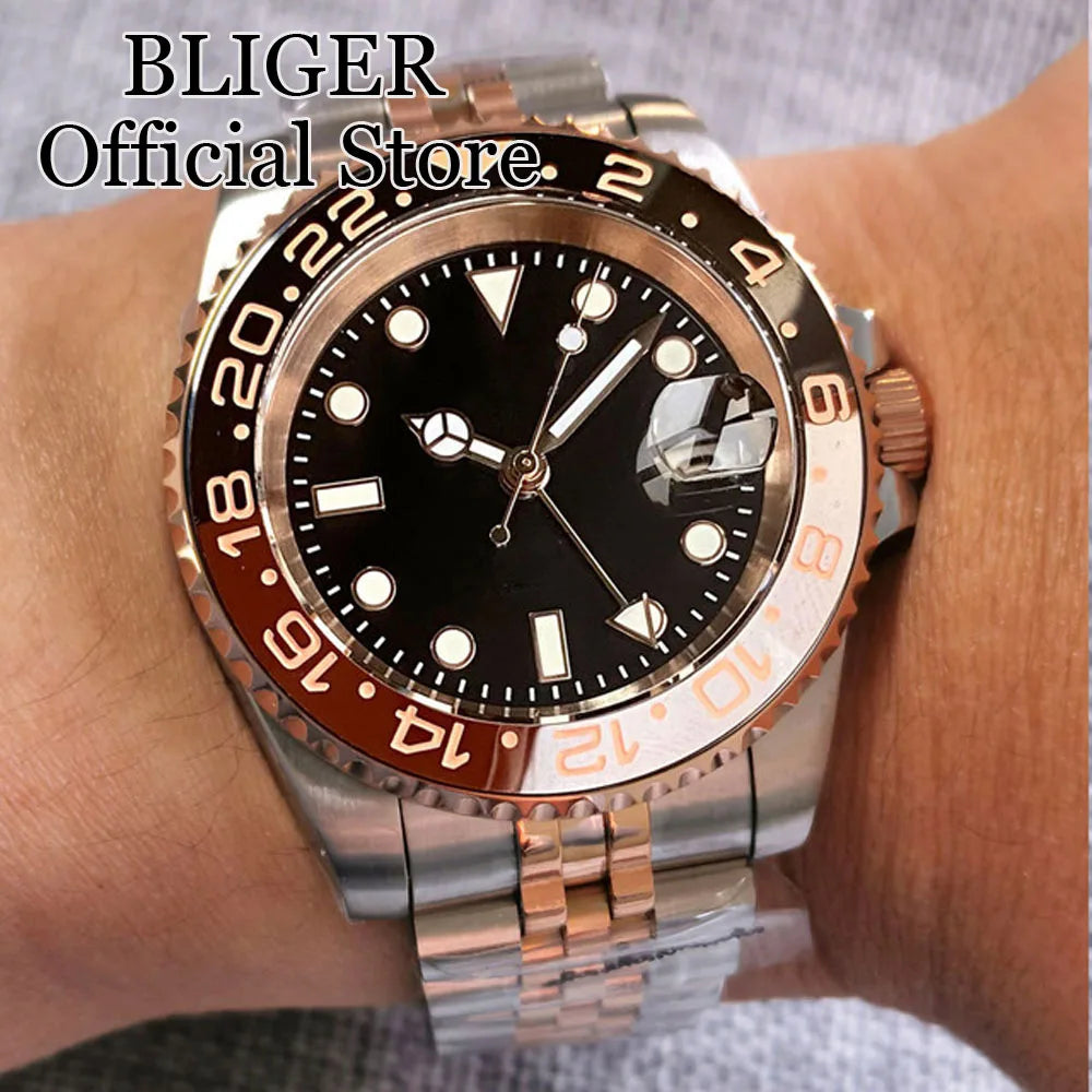 20ATM Waterproof 40mm Rose Gold NH34 GMT Automatic Watch For Men Steel Strap Ceramics Bezel Sapphire Glass Luminous