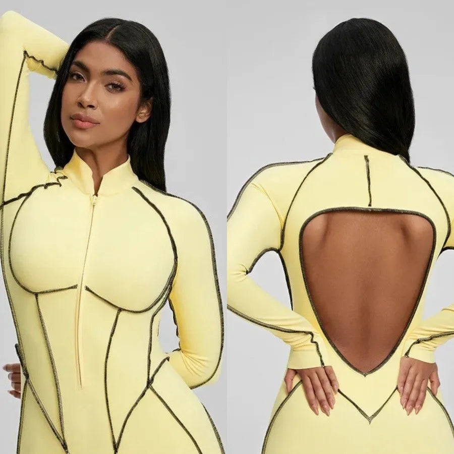 Jumpsuit – Zip Front Long Sleeve – Open Back Slim Fit | KIMLUD