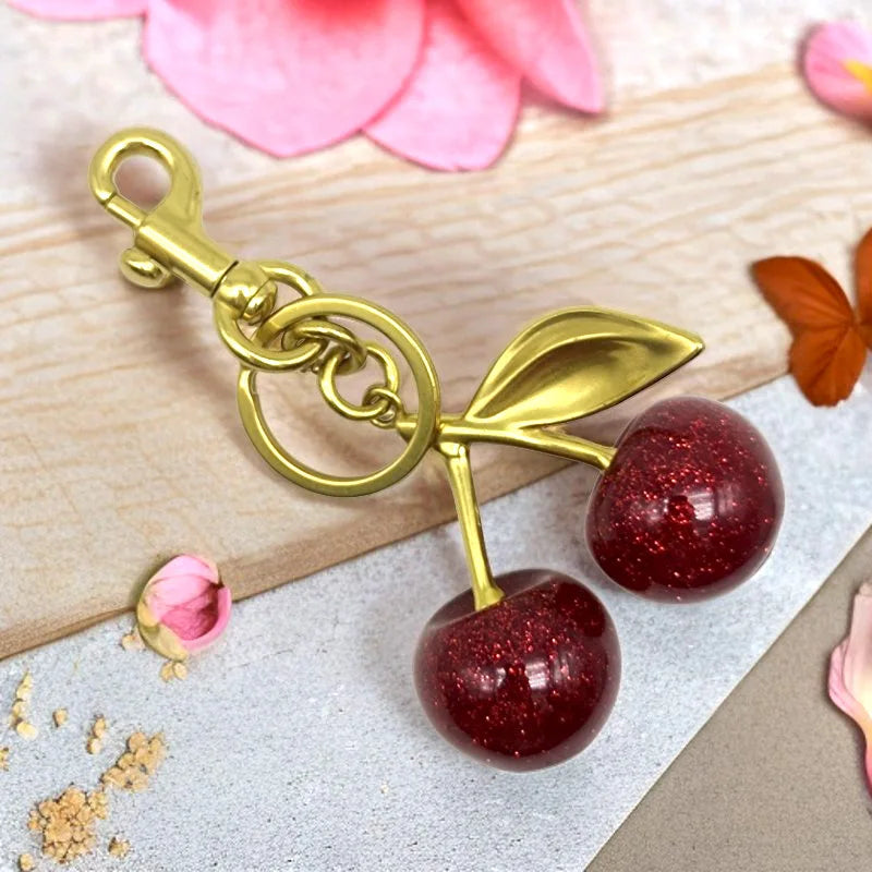 Crystal Cherry Bag Charm Keychain With Faceted Crystals And Platinum-Tone Metal — Cherry Red | KIMLUD