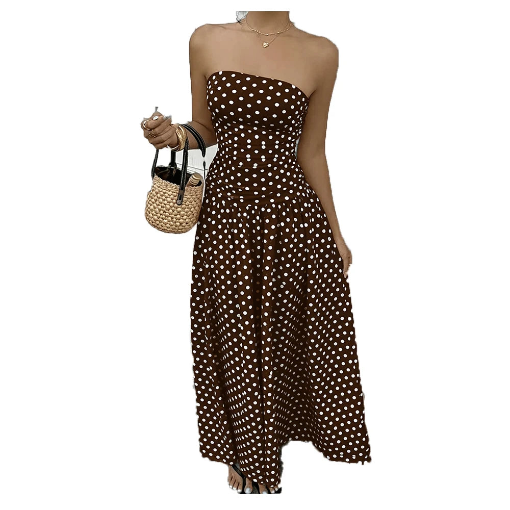 Polyester Polka Dot Maxi Vest Dress — Brown | KIMLUD