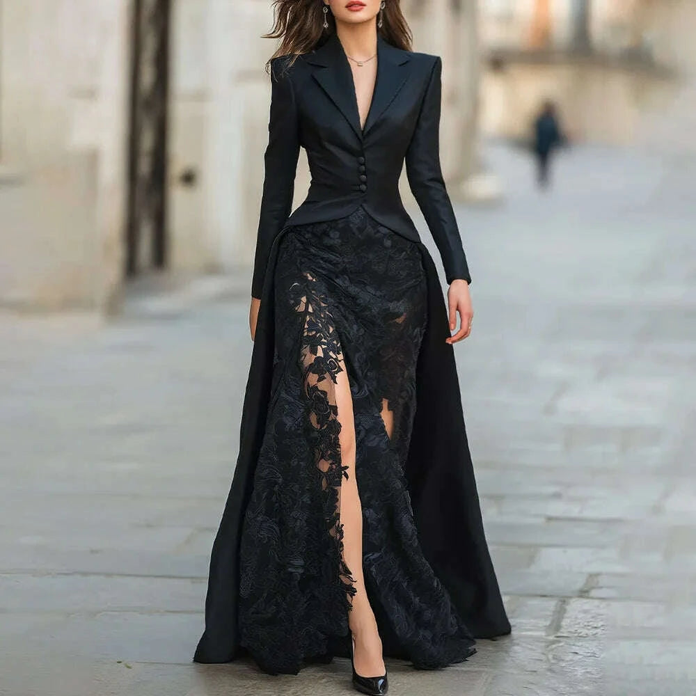Black Suit Evening Dress Customized V-Neck Long Sleeves Lace Applique Black Suit Evening Dress Customized V-Neck Long Sleeves Lace Applique