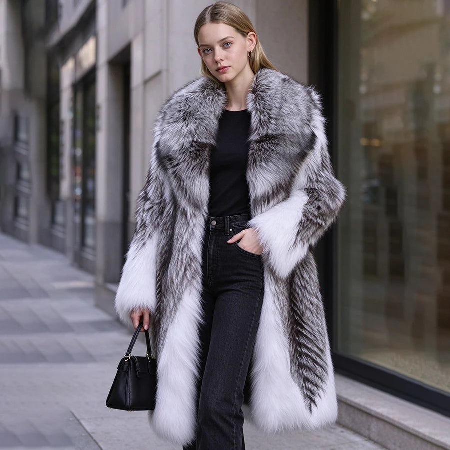 Fox Fur Coat – Turn-Down Collar – Fox Fur – Silver | KIMLUD