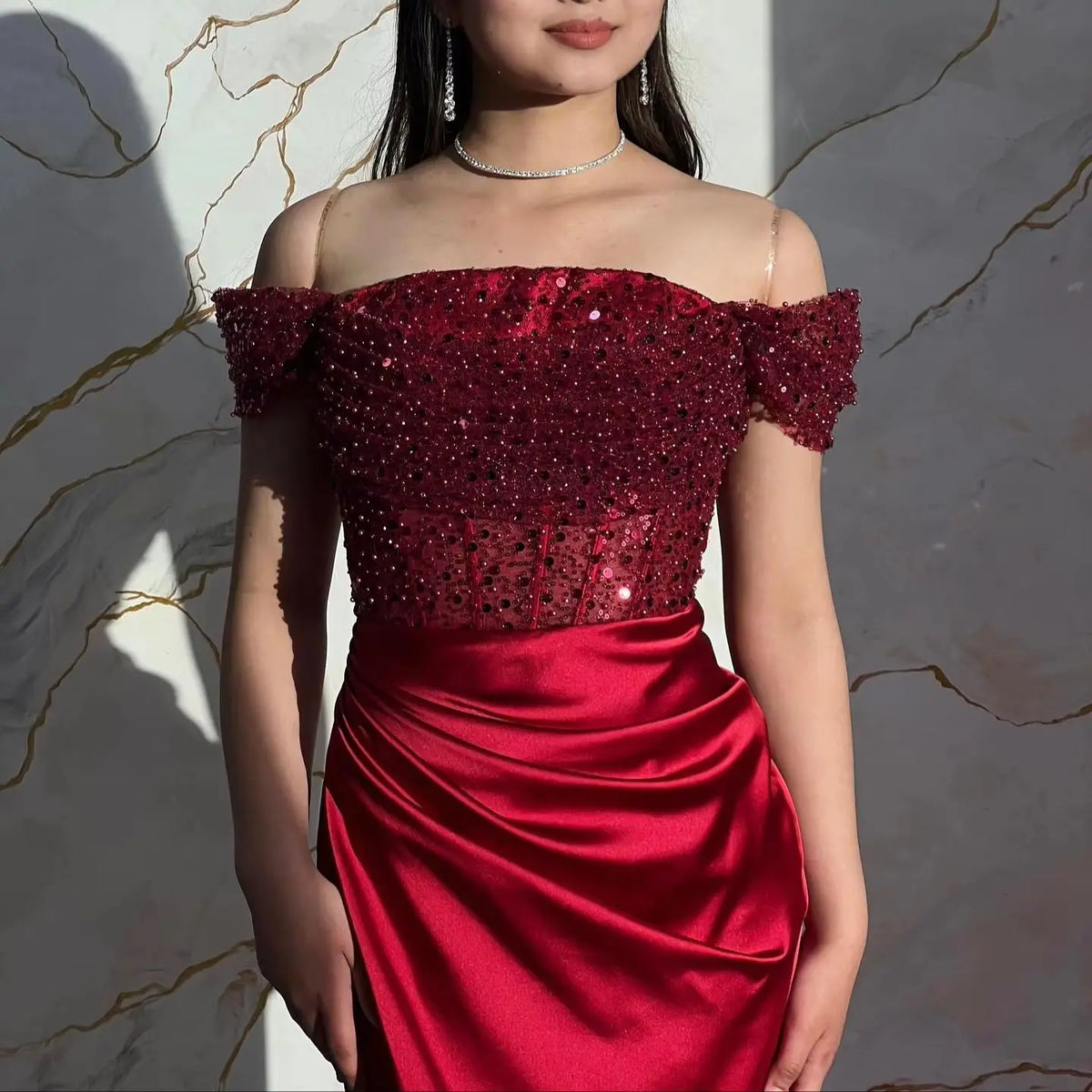 Mermaid Evening Gown – Off Shoulder Corset Beading – Satin – Multicolor | KIMLUD