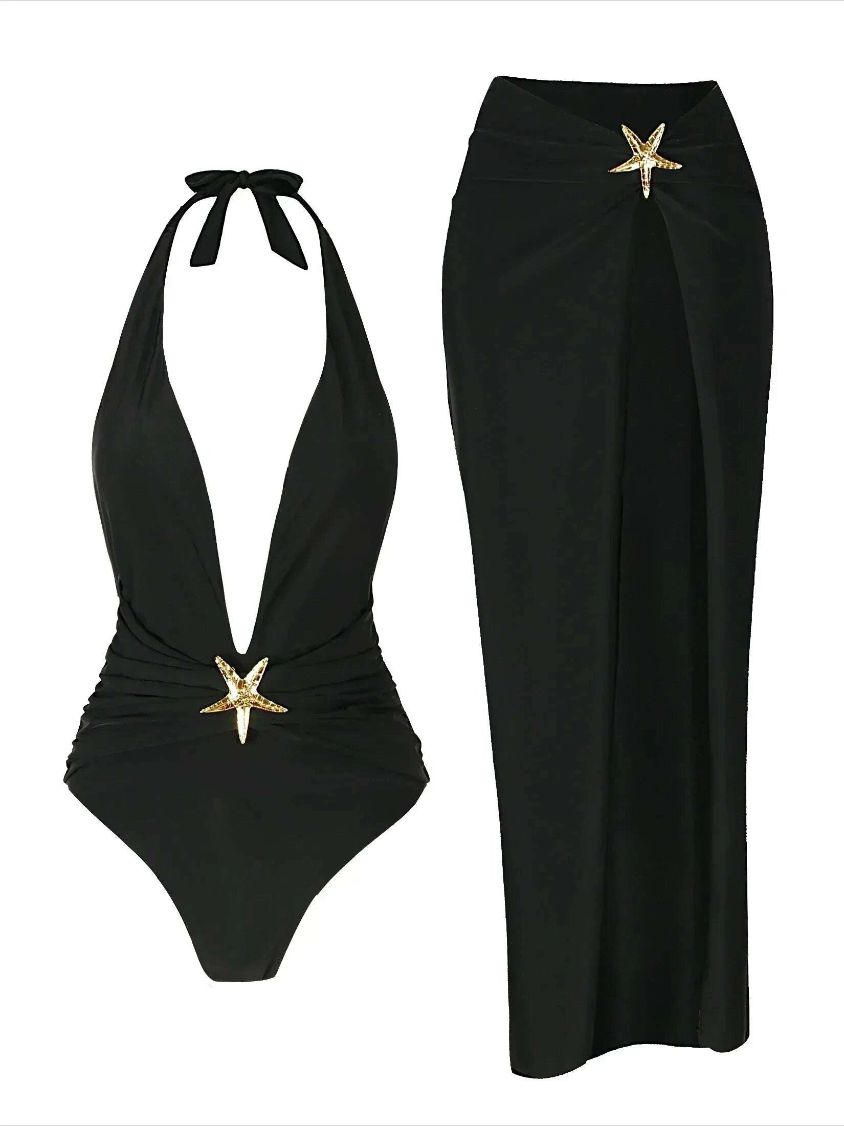 KIMLUD, 2 Piece Swimsuits for Elegant Women Starfish One Piece Bathing Suits with High Split Skirt Cover ups Sexy Halter Bikini Sets K59, KIMLUD Womens Clothes