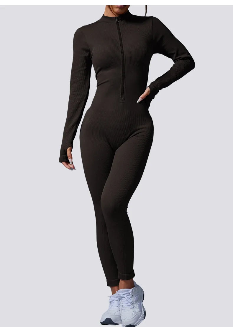 Nylon/Spandex Jumpsuit Half Zip Activewear — Black | KIMLUD