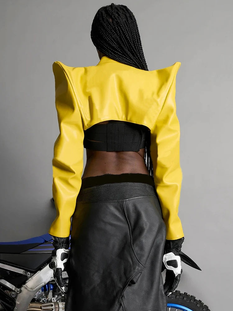 Nibber Leather Zipper Jacket Women Patchwork O-Neck Shoulder Pads Long Sleeve Midnight Moto Style Street Hipster Crop Coat