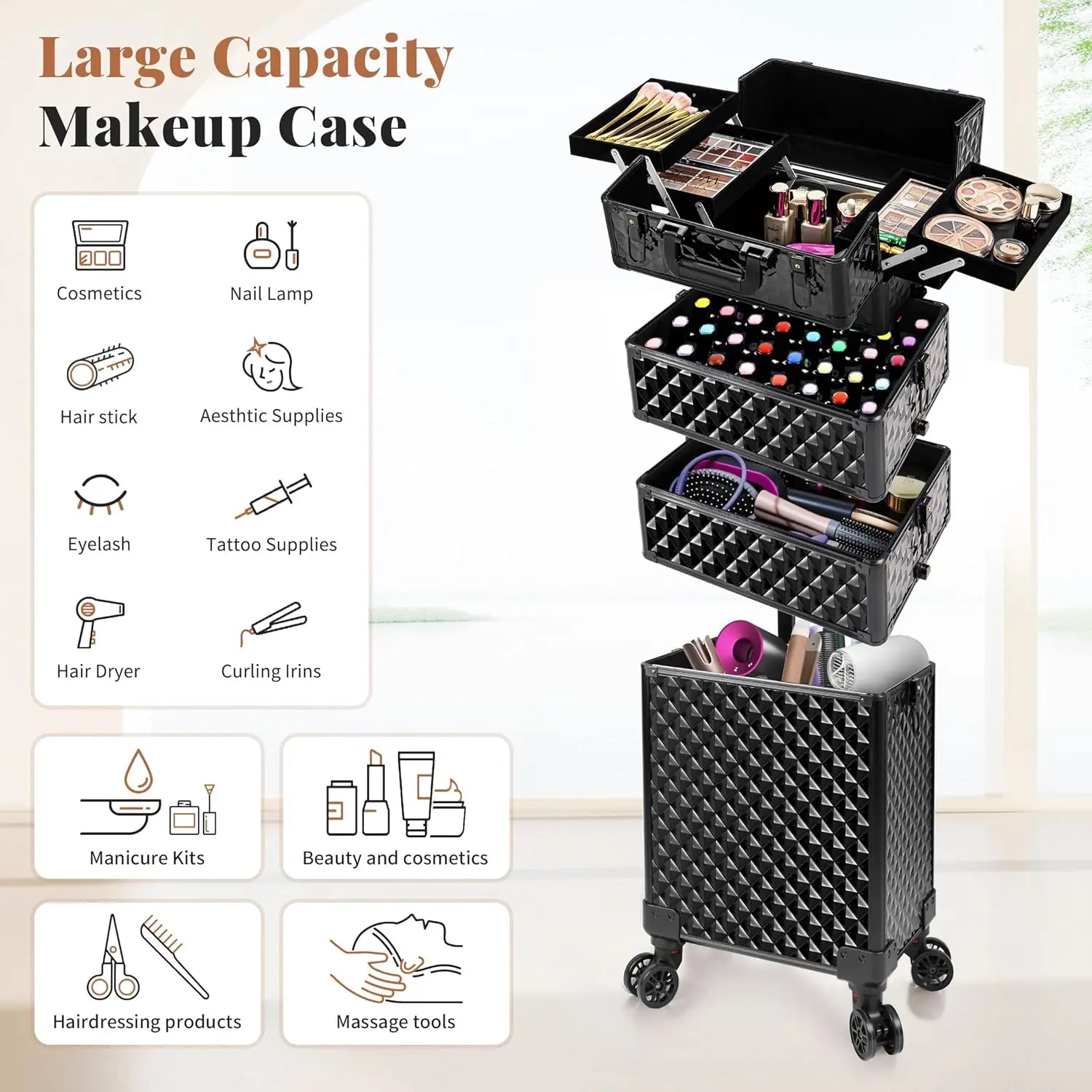 Rolling Plastic Travel Suitcases 4-In-1 Cosmetology Case Wheels — Black | KIMLUD