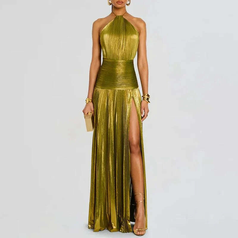 KIMLUD, Gold Sexy Halter High Split Gowns Evening Dress Woman Chic Solid Hollow Pleated Long Dress Spring Summer Backless Zip Maxi Dress, KIMLUD Womens Clothes