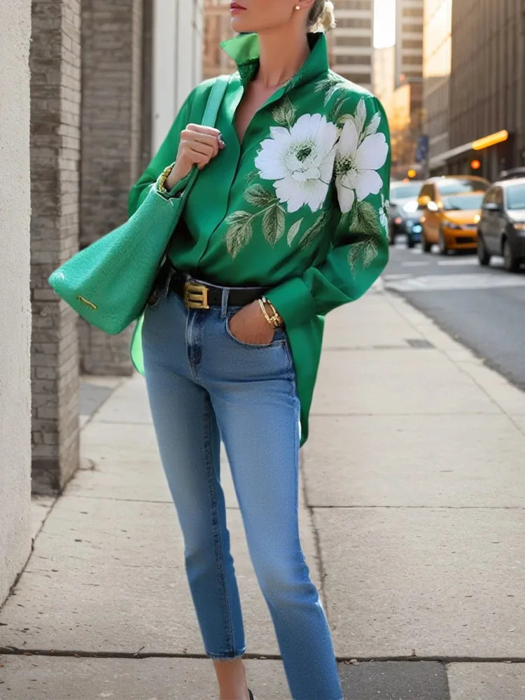 Oversized Shirt Floral Print With Long Sleeves And Buttoned Lapel — Green | KIMLUD