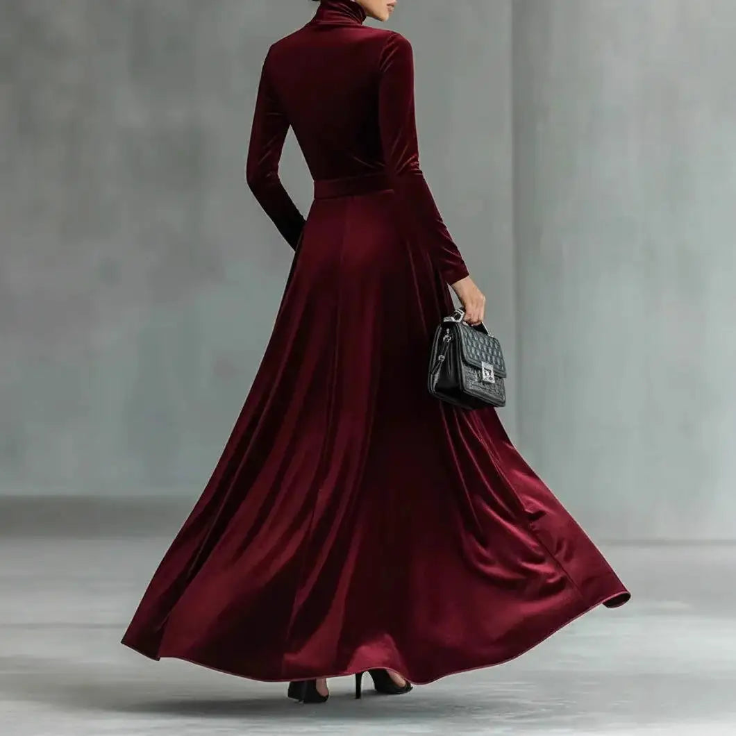 Velvet High Collar Evening Gown Mid-Waist Draped Skirt — Black | KIMLUD