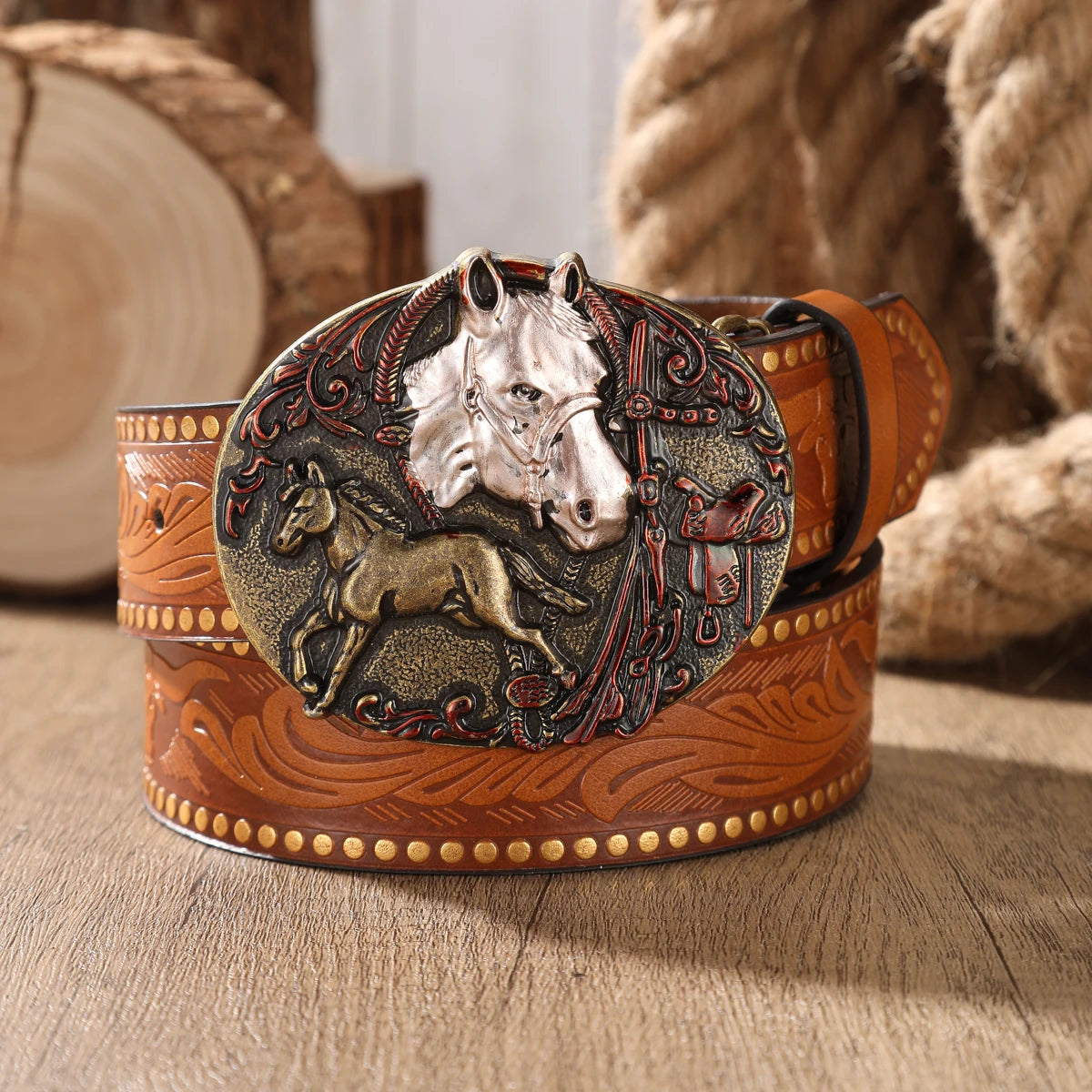 Retro Western PU Embossed Buckle Belt — Brown | KIMLUD