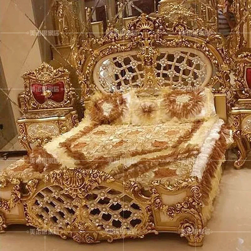 European Double Bed Ornate Upholstered Frame With Subtle Couture Detailing And Regal Silhouette — Antique Gold | KIMLUD