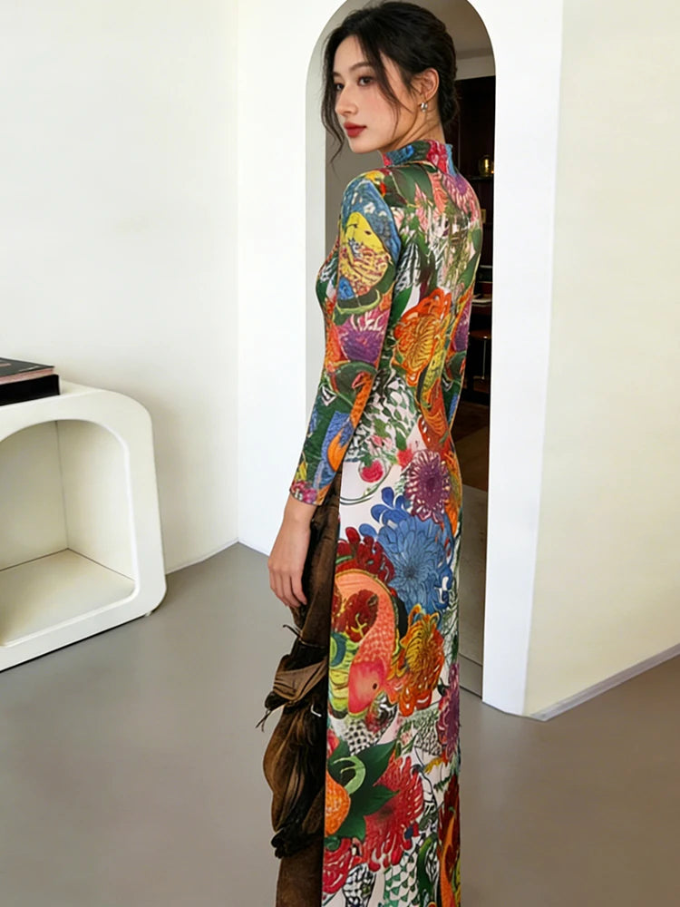 Kliou Colorful Flower Print Extended T-Shirts Woman o-Neck Full Sleeve High Waist Splits Hem Spring Trend Elegant Streetwear