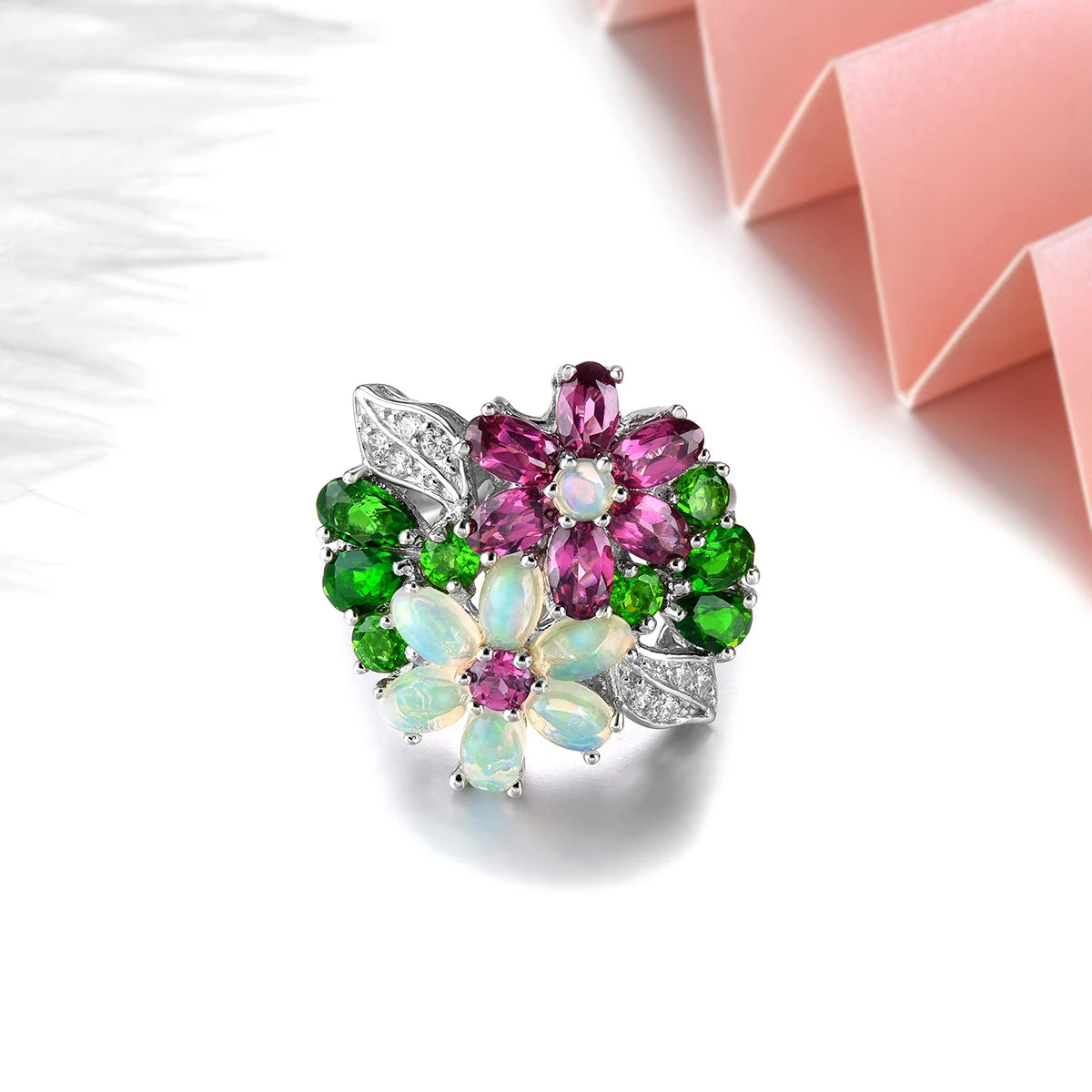 Natural Rhodolite Garnet Opal Solid Sterling Silver Rings 4 Carats Genuine Multicolor Gemstone Diopside Gorgerous Fine Jewelrys