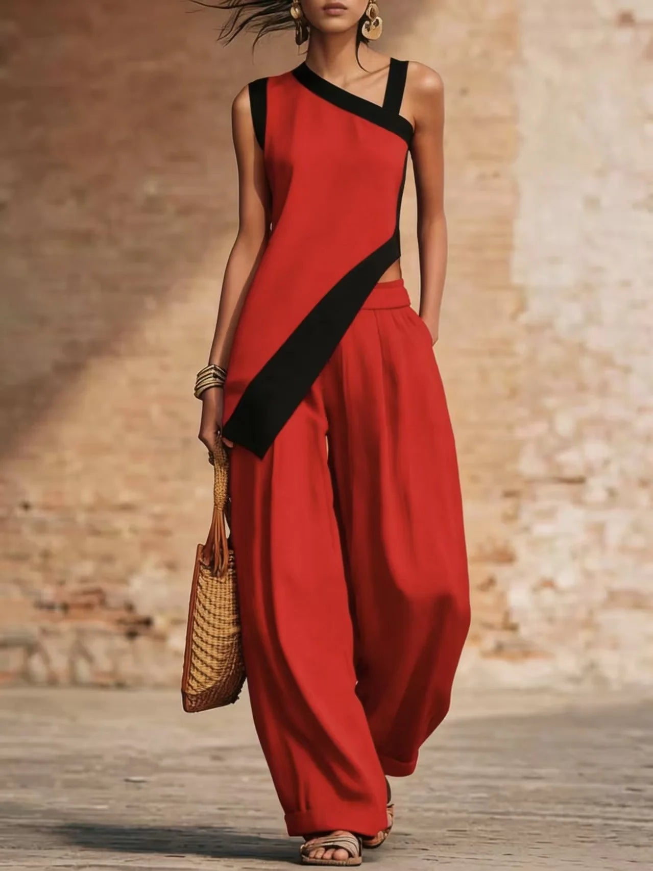 Wide Leg Color Block Pants And Top Set — Black | KIMLUD