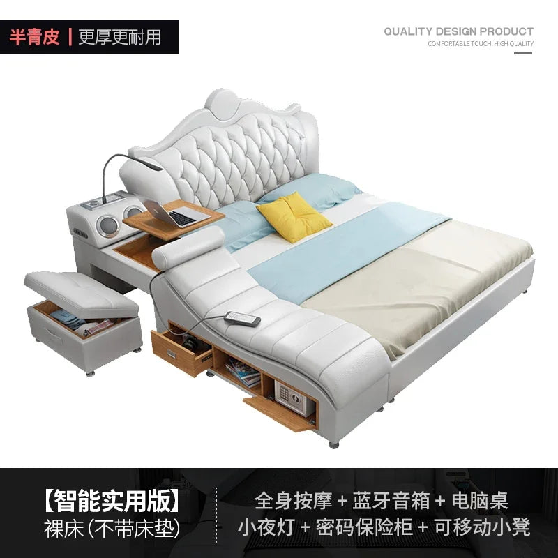 Solid Wood Headboard Storage Bed With Drawers — Ivory White | KIMLUD