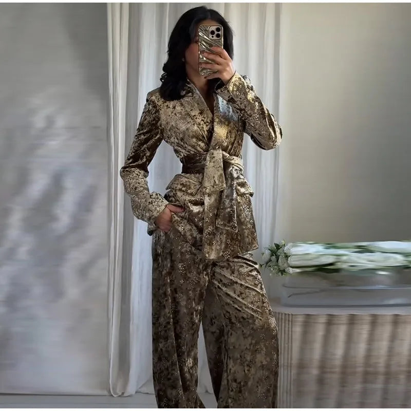 Fashion Velvet Print Lapel Belt Suit Pant Set Women Solid Lace Up Full Sleeve Blazer Wide Leg Cuffed Pants 2025 Autumn Lady Sets