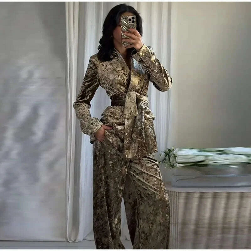 KIMLUD, Fashion Velvet Print Lapel Belt Suit Pant Set Women Solid Lace Up Full Sleeve Blazer Wide Leg Cuffed Pants 2025 Autumn Lady Sets, KIMLUD Womens Clothes