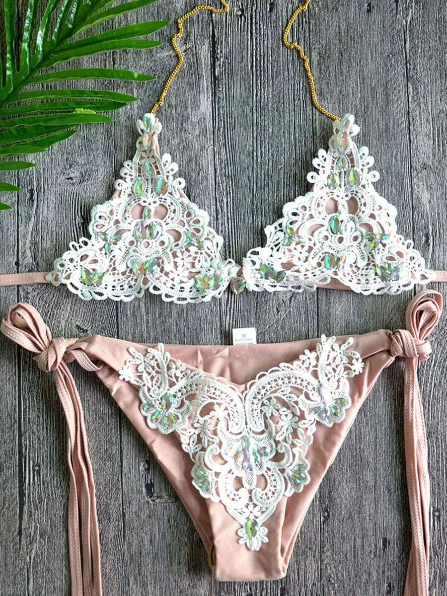 KIMLUD, New Sexy Crystal Diamond Bikini 2023 Women Cross Bandage Swimsuit Female Swimwear Two Pieces bikini set Halter Bathing Suit Swim, KIMLUD Womens Clothes