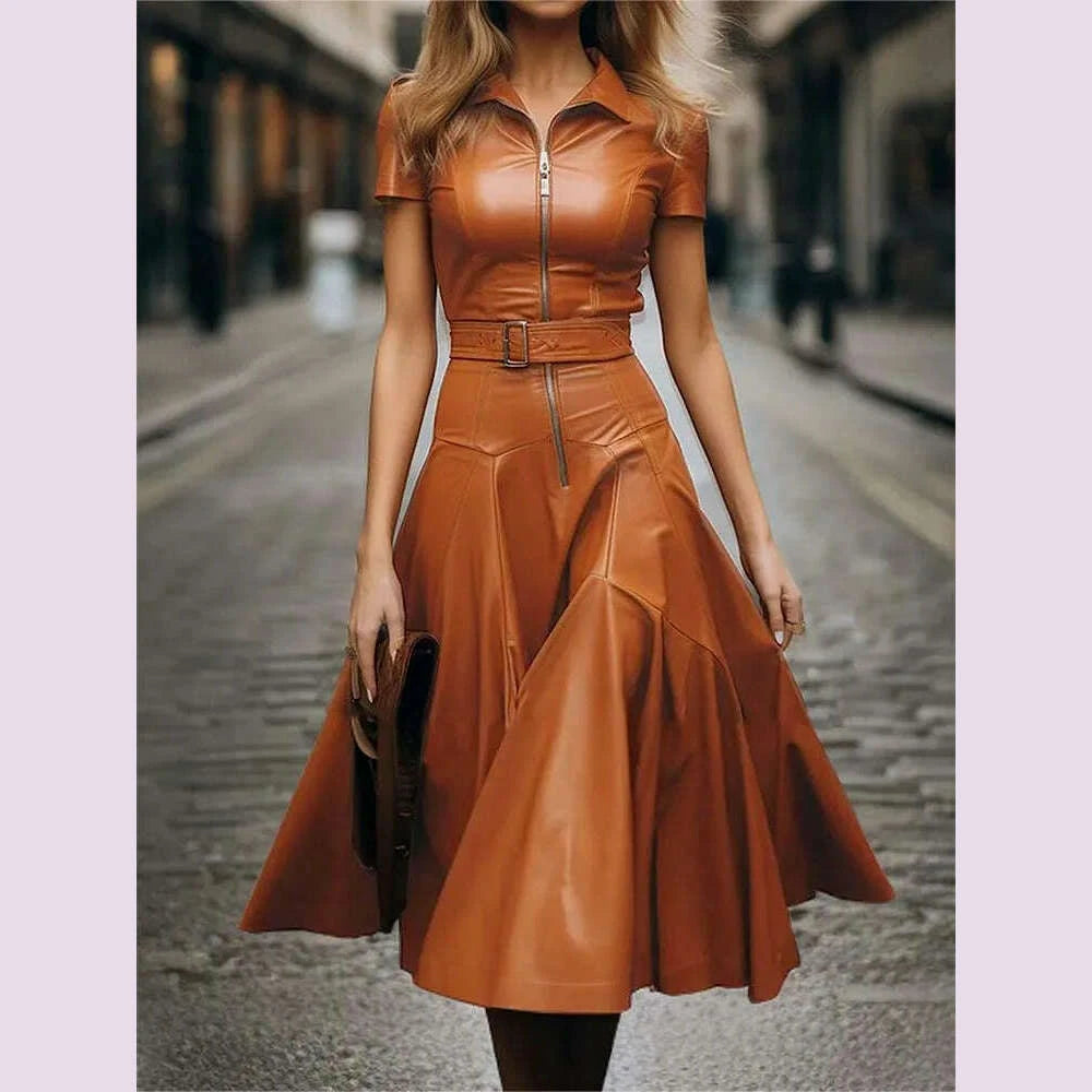 womens-shirt-collar-midi-dress-elegant-summer-zipper-short-sleeve-pu-leather-skinny-belted-lapel-fashion-midi-dress-2025kimlud-womens-fashion-34624885