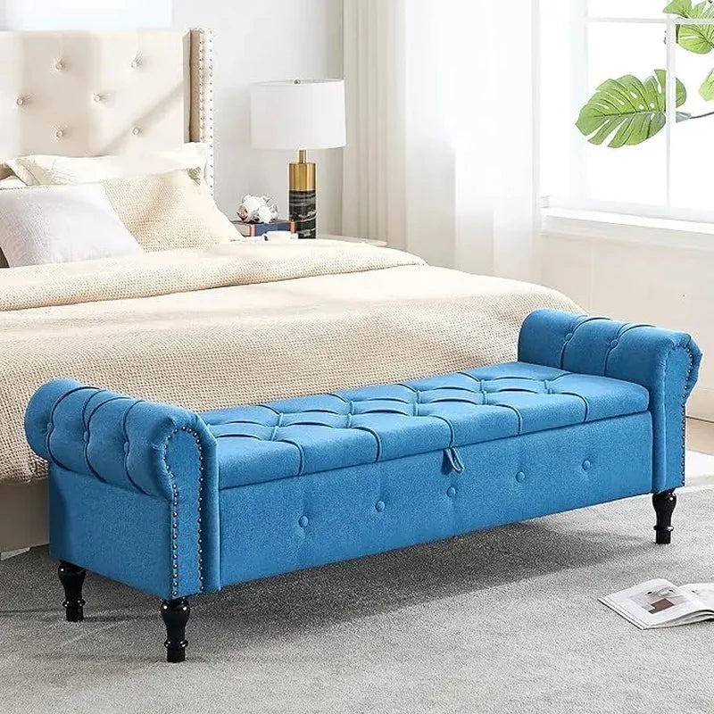 Velvet Tufted Storage Bench, 67" Bedroom End of Bed Bench, King Size with Rolled Arms, Button Ottoman Bench