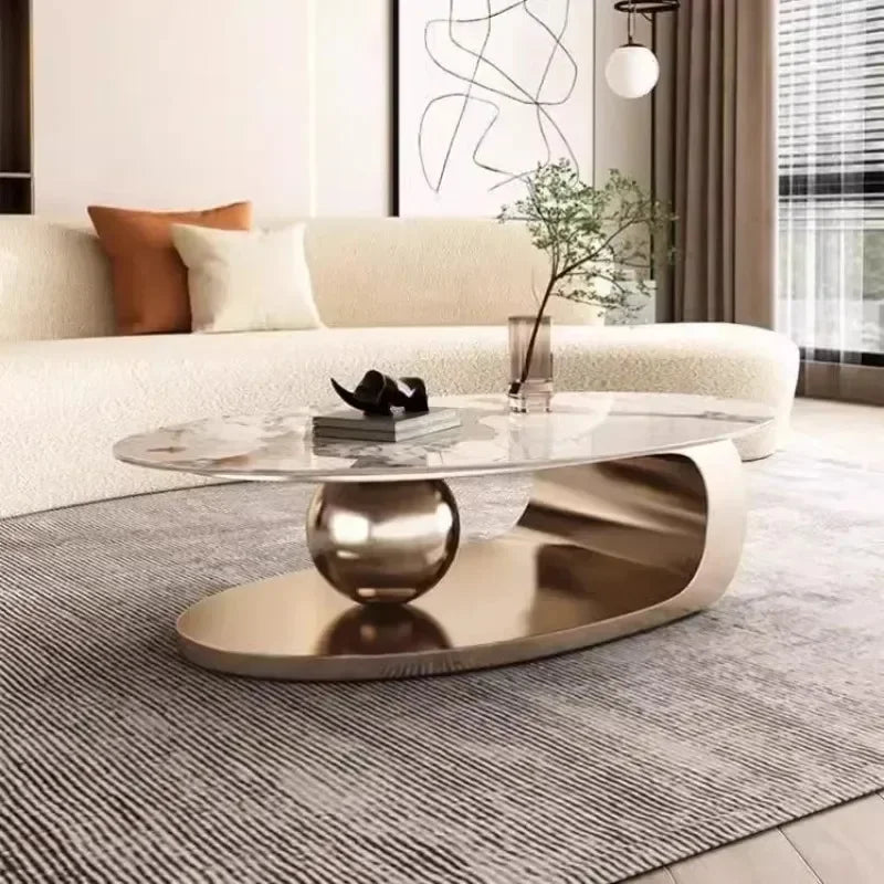 Slate Metal Coffee Table Italian Oval Form With Marble-Like Top — Ivory | KIMLUD