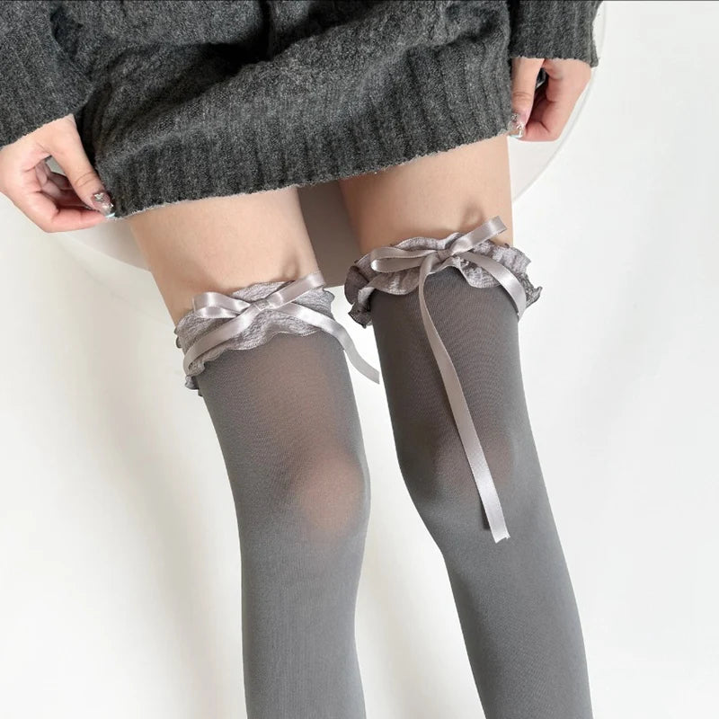 Women Lace Black White Ruffle Long Socks Women Girls Sweet Stockings JK Lolita Nylon Lace Leggings Over The Knee Bowknot Hosiery