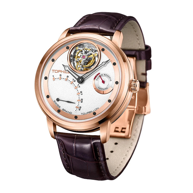Tourbillon Wristwatch Rose-Gold Tone Case Leather Strap — Burgundy | KIMLUD
