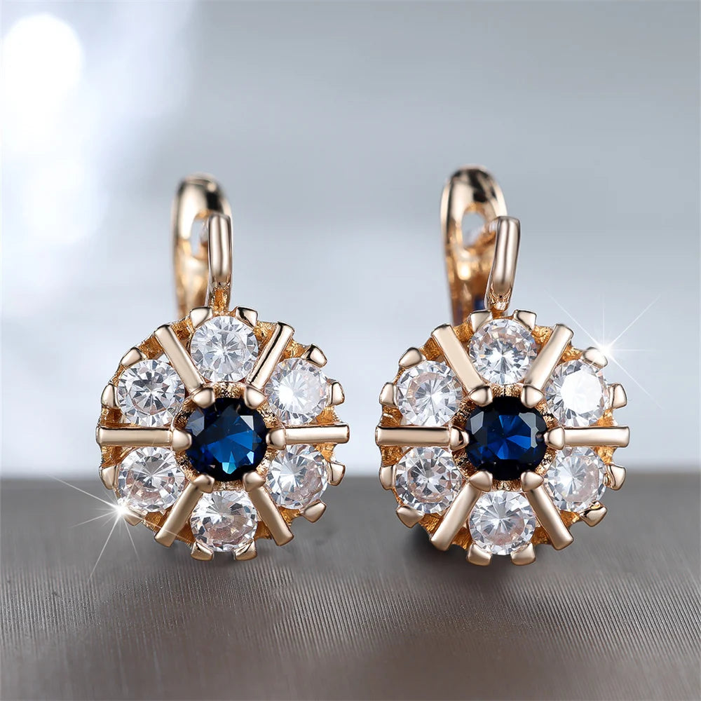 Gold Plated Copper Hoop Earrings With Blue Zircon Flower Details — Gold | KIMLUD