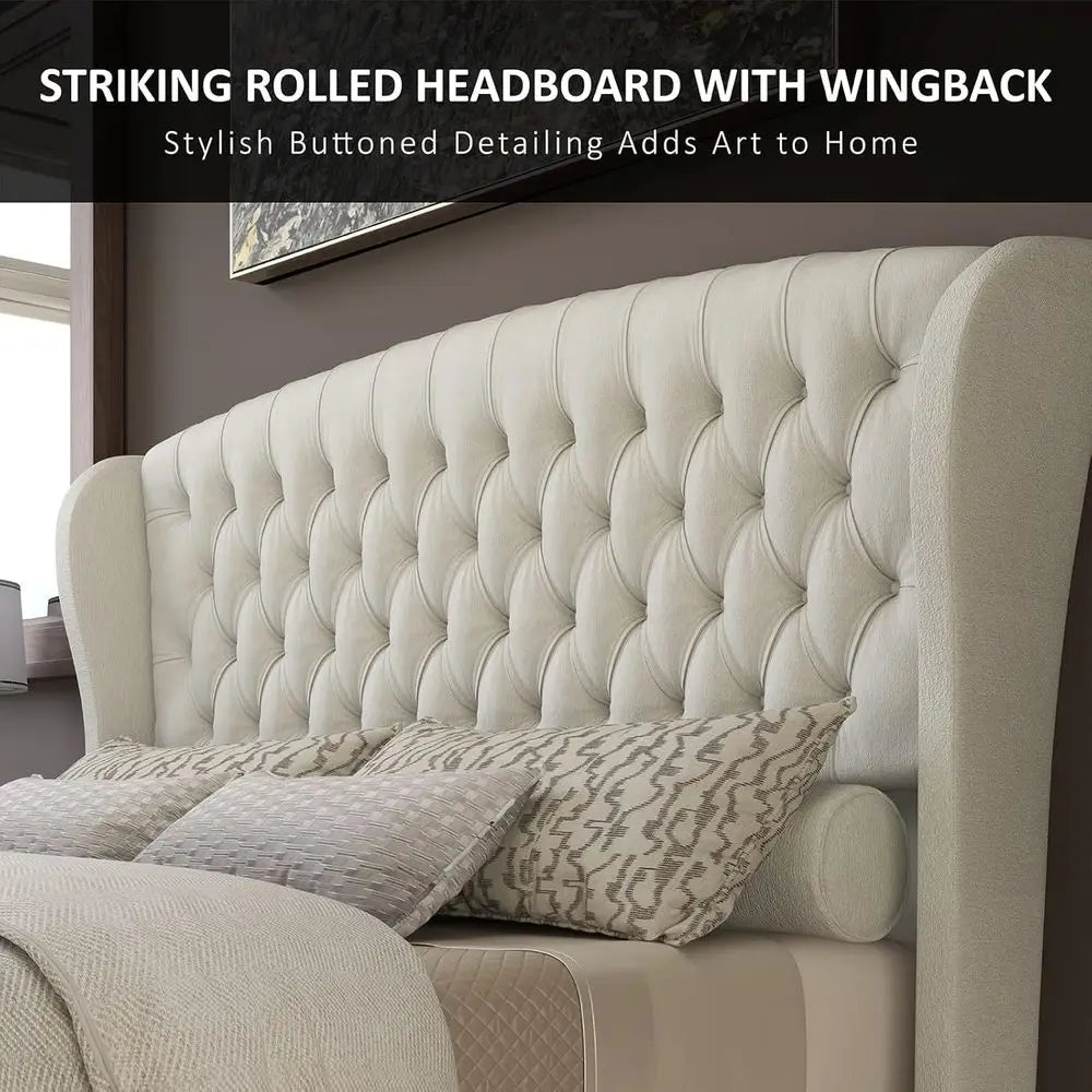 Chenille Upholstered King Size Platform Bed — Ivory | KIMLUD