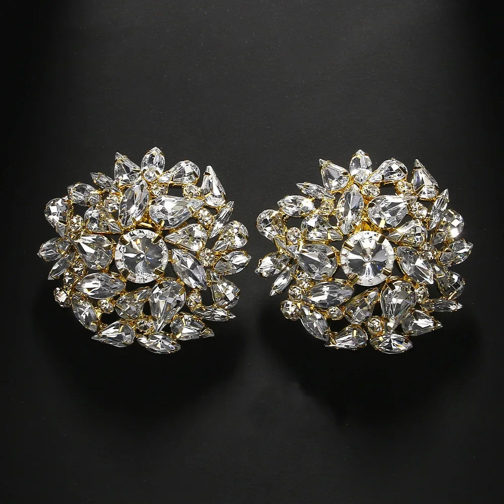 Round Geometric Rhinestone Clip Earrings Wedding Bling — Gold | KIMLUD