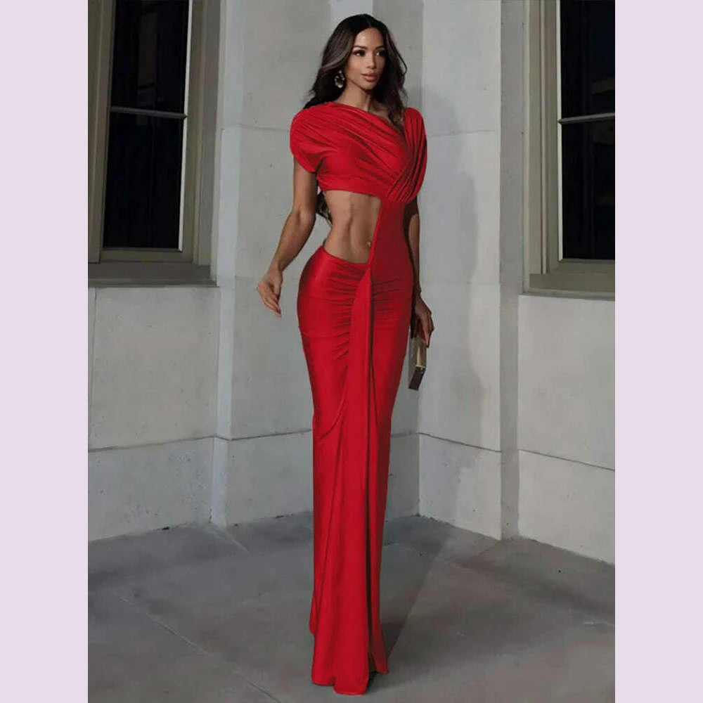 KIMLUD, Elegant Ruched Bodycon Dress - Asymmetric Collar Long Evening Dress, KIMLUD Womens Clothes