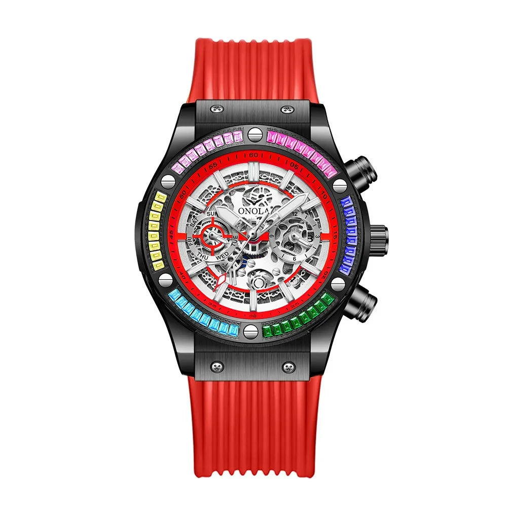 Silicone Strap Rainbow Diamond Watch 45mm Hardlex Dial, Date, Luminous Hands, 3Bar Water Resistant — Rainbow | KIMLUD