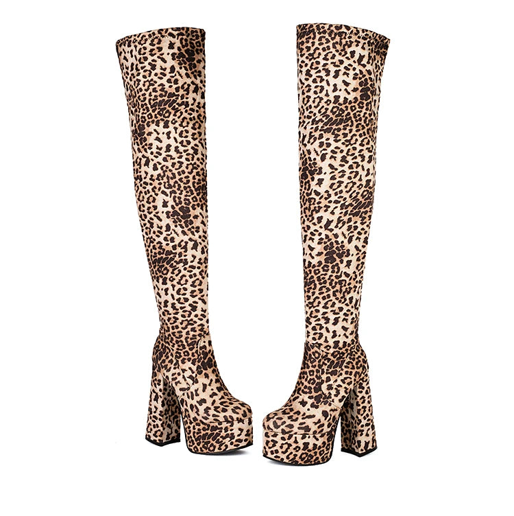 Over The Knee Boots – Leopard Print Velvet – Velvet – Leopard Print | KIMLUD
