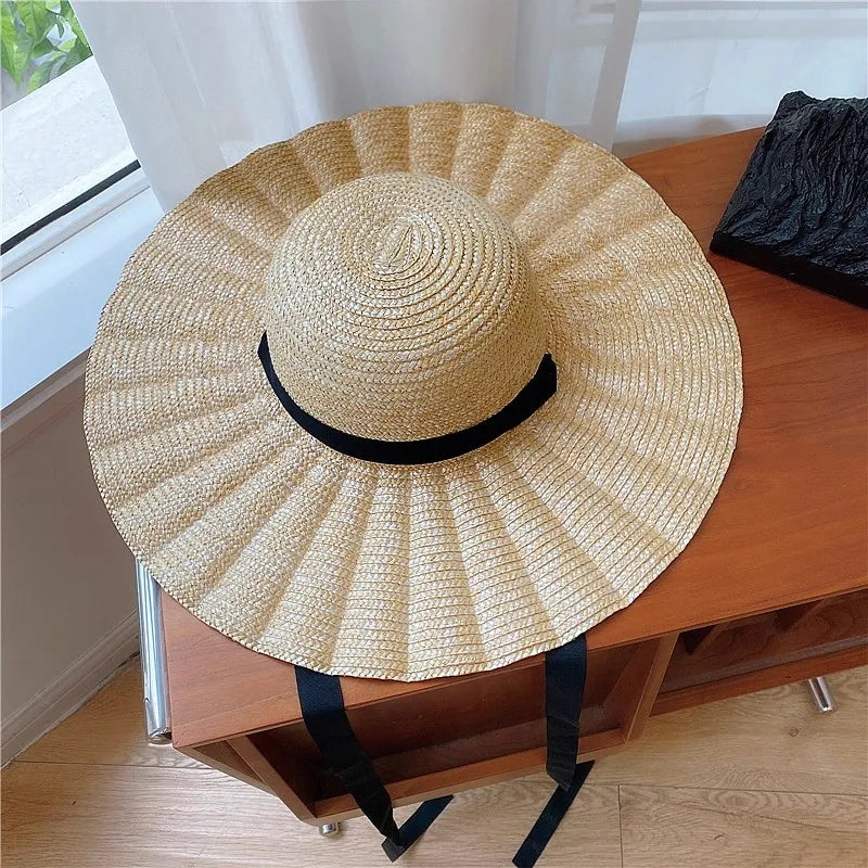 Ribbon Boater Straw Hat Sun Protection — Natural | KIMLUD