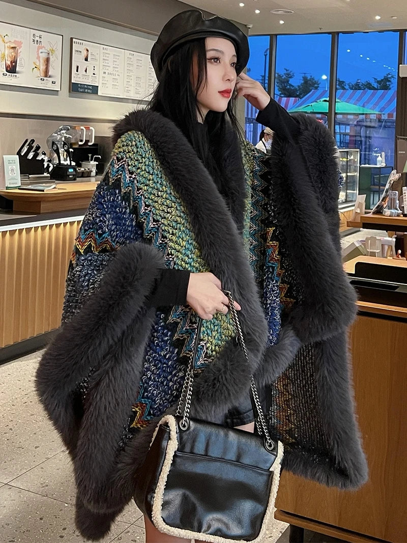 Cape – Faux Fox Fur Trim – Knit Silhouette – Colorful | KIMLUD