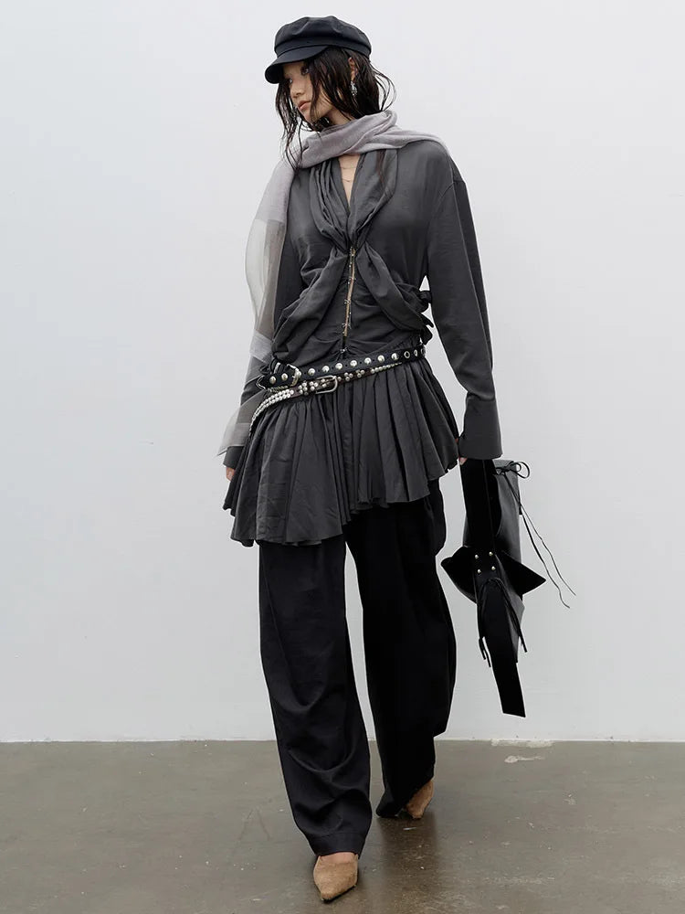 Shirt Dress – Pleated Irregular Burr Hem – Cotton Jersey – Gray | KIMLUD