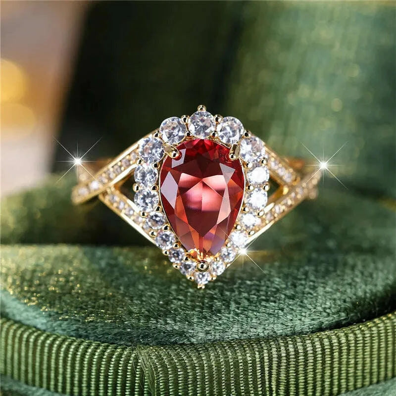 KIMLUD, Luxury Female Red Water Drop Zircon Stone Engagement Ring Trendy Gold Color Bride Wedding Jewelry Gift For Women, KIMLUD Womens Clothes